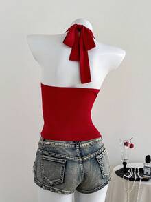 SHEIN EZwear V-Neck Solid Color Backless Vacation Tank Top For Women, Can Be Worn As A Neck Hanging - Red - View 2