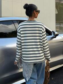 Muchica Women's Striped Print Loose Fit Crew Neck Long Sleeve T-Shirt, Striped Long Sleeve Striped Long Sleeve Top Womens Casual Top - Multicolor - View 2