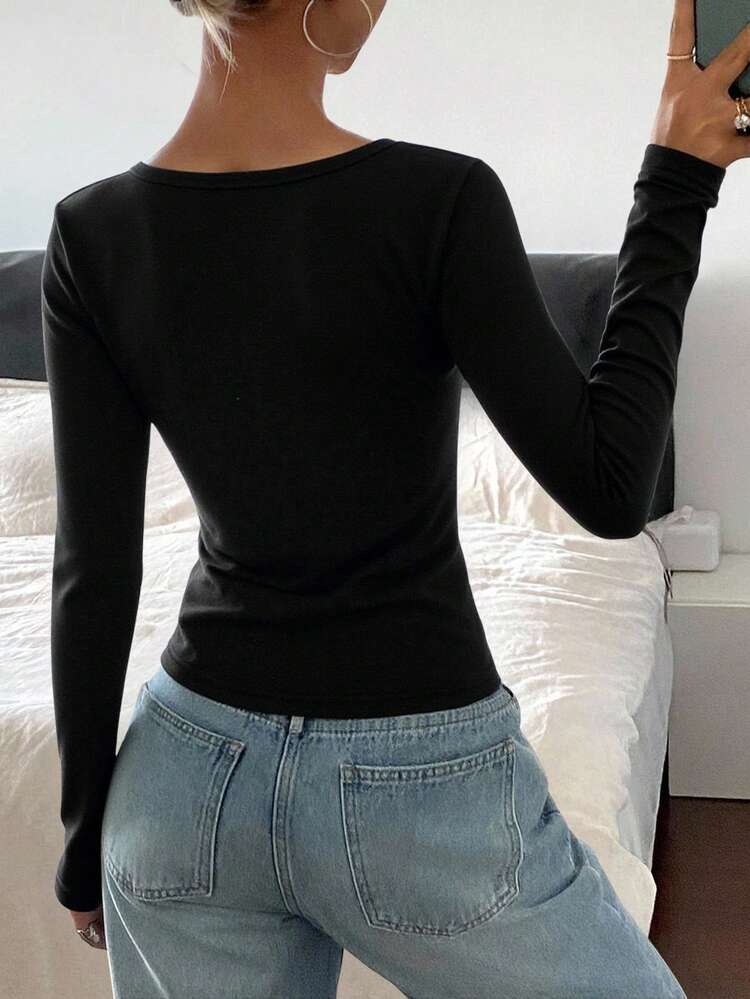 Women's Casual Solid Color Slim Fit Long Sleeve T-Shirt, Autumn