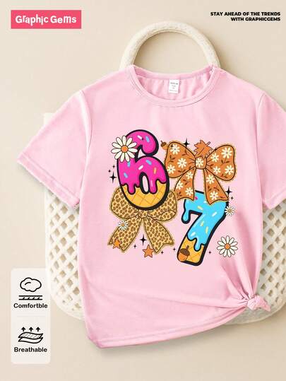 GraphicGems Summer & Fall Tween Girl Casual Fashionable Creative Personalized Refreshing Chic Minimalist Numeric 67, Colorful Sprinkle, Leopard Print, Bow, Floral, Leaf, Hazelnut, Starry Pattern Printed Comfortable Basic Short T-Shirt, Cozy Summer And Autumn Styles Suitable For Tween Girl Daily Wear