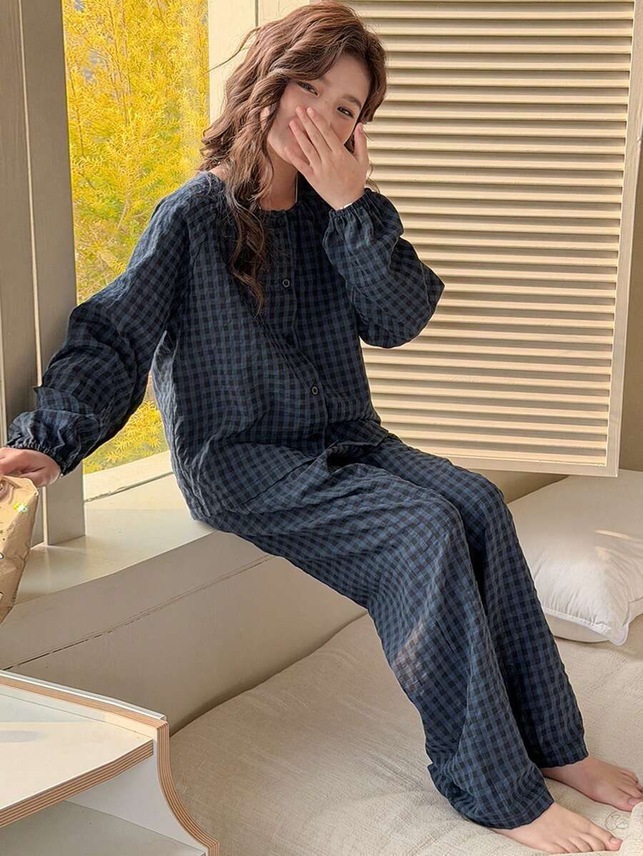 DAZY بيجامة فضفاضة بأكمام فانوس مربعة للفتيات المراهقات، ملابس خريفية للفتيات المراهقات - أزرق بحري - مشاهدة 1