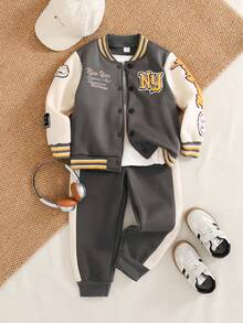 Playful Pals 2pcs/Set Toddler Boys' Collegiate Style Letter Print Embroidery Patchwork Front Closure Casual Baseball Jacket And Pants Set, Ribbed Collar, Cuffs And Hem Design, Suitable For Autumn/Winter Outings, Daily Wear, Sports, School, Travel, Vacation - Dark Grey - View 3