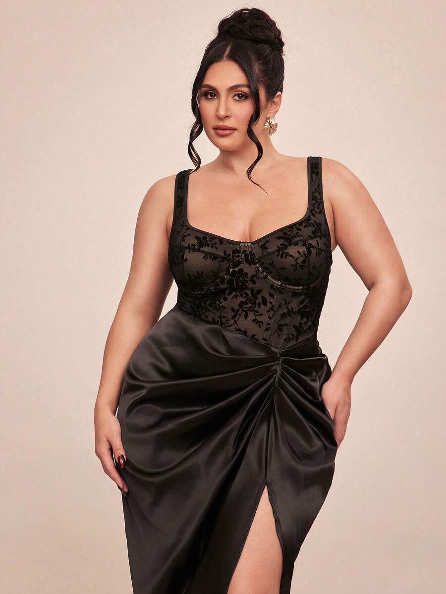 SHEIN BAE Plus Size Women Black Flocked Bra, Flocked Bodysuit,Plus Size Women's Summer/Autumn Camisole Bodysuit With Cup Structure/ Plus Size Bodysuit/ Plus Size Leather Bodysuit/ Bodysuits For Women Plus/ Plus Size Body Suit/Fall /Autumn/Fall Clothes For Women/Elegant Party Corset/Fall Wedding Guest Bodysuit For Women/Evening Bodysuit Chic Wedding/Party /New Fall Fashion Women/Plus Size/Going Out/Formal Dress Women/Birthday Bodysuit For Women/Black Bodysuit - Black - View 1