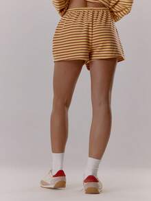 MUSERA Quần short cạp chun, buộc dây phía trước, dáng rộng, chất liệu mềm mại, kẻ sọc, chỉ có ở mùa thu, ấm áp, dễ thương, thường ngày, thích hợp cho quán cà phê, câu lạc bộ, thanh lịch, mùa xuân và hè. - Màu vàng - Xem 3