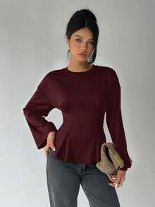Aloruh Women's Casual Round Neck T-Shirt With Ruched Waist, Solid Color T-Shirt For Daily Commute And Home Wear, Long Sleeve Knit T-Shirt With Floral Mesh Burgundy Blouse - Burgundy - View 7