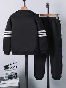 SHEIN Explorewe 男童条纹连帽长袖外套和裤子休闲套装（2件套） - 黑色 - 查看 2