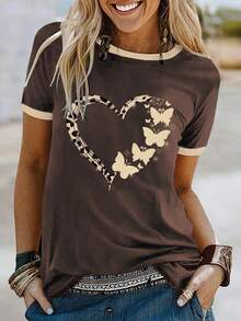 Women's Casual Daily Commute Fashion Street Vacation Style Butterfly Leopard Print & Heart Contrast Binding Short Sleeve T-Shirt, Summer