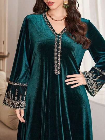 Al Najma Loose Fit V-Neck Velvet Long Sleeve Elegant Dress With Ribbon Decor