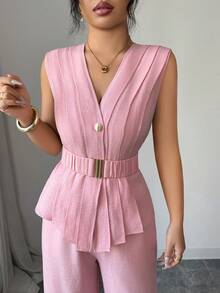 Elenzga Bộ trang phục thường ngày thanh lịch dành cho nữ, gồm áo không tay cổ chữ V với gấu áo xếp tầng và quần cạp chun, thích hợp cho đi làm, du lịch, tiệc trà chiều, tiệc tùng, được làm từ chất liệu giả vải lanh, thích hợp cho mùa xuân/hè. - Hồng - Xem 6