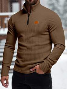 Manfinity Homme 男士纯色简约休闲拉链长袖T恤 - 卡其色 - 查看 1