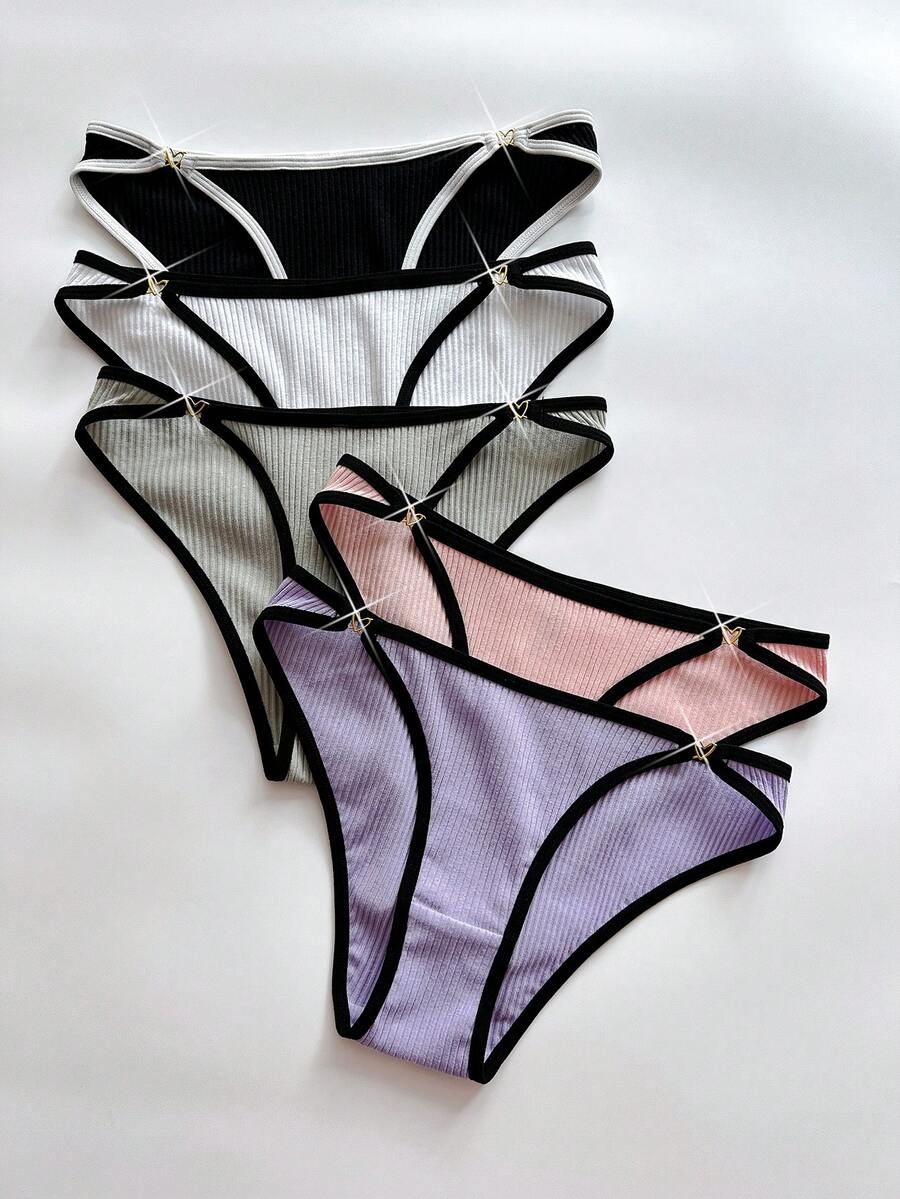 Set de 5 bragas cómodas de mujer con decoración de anillo redondo y ribete de contraste - Multicolor - Ver 1