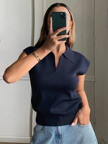 DAZY 女士纯色修身 Polo 领优雅正式针织上衣，春秋季 - 藏蓝色 - 查看 3