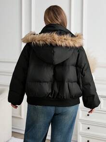 SHEIN CURVE+ Plus Size Women's Casual Patch Fluffy Drawstring Fluffy Canopy Decoration Zipper Hooded Padded Coat, Winter - Black - View 3