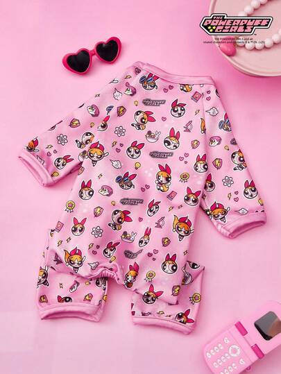 THE POWERPUFF GIRLS X PETSIN 1pc Rabbit Little Witch Letter Lightning Love Printed Pet Jumpsuit Rose Red Sports Style Skin Friendly Breathable Pet Clothes