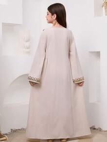 SHEIN Tween女孩中東風米色秋季優雅婚禮賓客Al-Adha V領長袖洋裝，姐妹兄弟套裝，復古時尚 - 杏色 - 查看 9