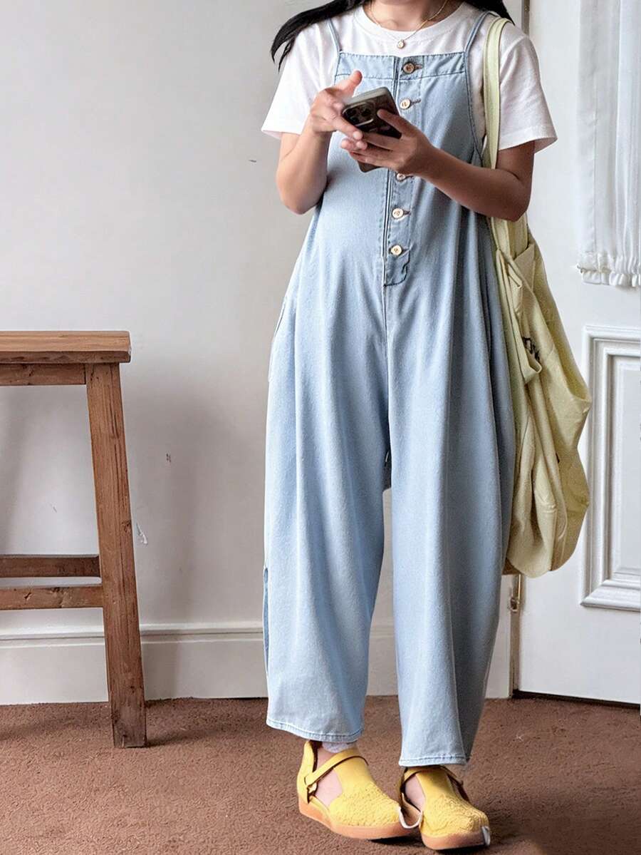 少女时尚休闲 Y2K 复古酷炫街头蓝色牛仔宽松露背连体裤，适合少女日常穿着、春夏派对、节日和街头服饰。 - 藍色 - 查看 1