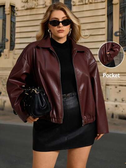 Auralis 时尚百搭的通勤外套，Ancla 红色 PU 夹克，秋冬季酒红色长袖大码夹克，带口袋/Y2K 休闲日常穿着夹克/基础款 PU 夹克/长袖拉链夹克/春秋季