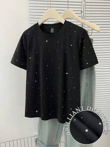GlowEve Tall Große Damen Lässig einfarbiges Shirt mit Strass Dekor, Rundhalsausschnitt, Kurzarm, geeignet für den Alltag, Frühling/Sommer - Schwarz - Übersicht 5