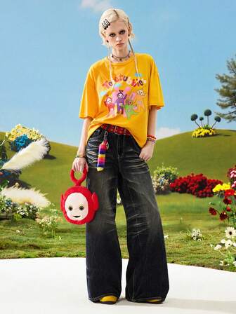 Teletubbies X ROMWE Lässiges gelbes Damen T-Shirt mit niedlichem Ballon-Wolken-Muster