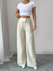 Elenzga 女士优雅双色竹纤维面料腰部拼接设计教师制服休闲裤，适合秋冬季派对、新年、情人节、复活节等休闲场合穿着。 - 杏色 - 查看 3