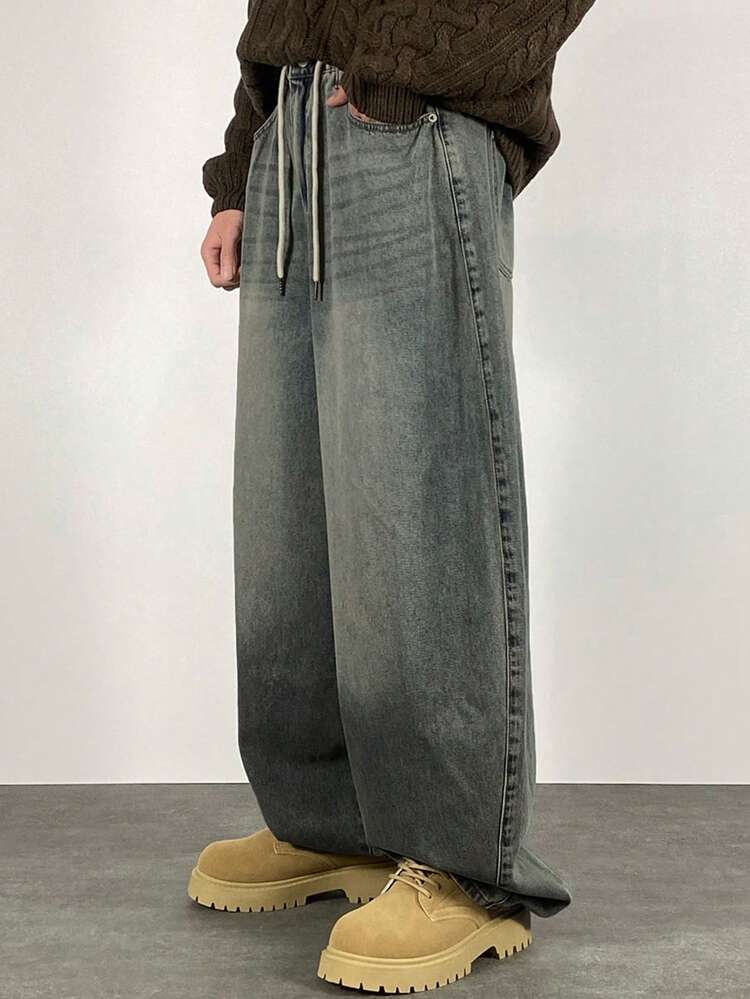 Men's Blue Elastic Waist Distressed Denim Jeans, Spring/Autumn