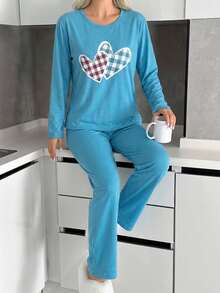 EURMUSE Set de pijama de 2 piezas con camisa de manga larga con estampado de corazón y detalles a cuadros + pantalones, 100% algodón - Azul - Ver 6