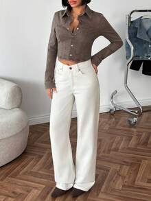 EURMUSE 100% Coton Jean droit taille haute décontracté blanc - Blanc - Voir 3