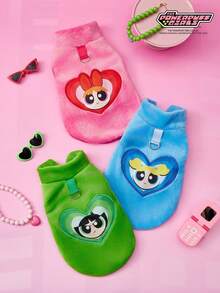 THE POWERPUFF GIRLS X PETSIN 1件刺绣大眼睛女孩宠物猫狗通用保暖舒适无袖外套，带绿色牵引扣，秋冬加厚绒毛外套 - 綠色 - 查看 9