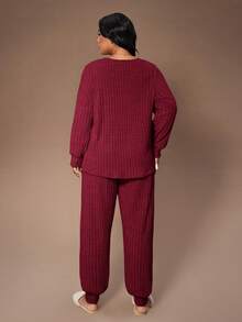 Lazeform Plus Size Knit Ribbed Fleece V-Neck Casual Minimalist Long Sleeve Pajama Set, Suitable For Loungewear - Red - View 2