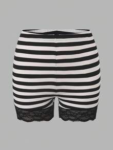 SHEIN Essnce 大码女装春夏时尚休闲高弹舒适日常百搭蕾丝边黑色条纹短裤2条装，夏季打底裤，女式春夏休闲度假短裤 - 彩色 - 查看 3