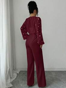 SHEIN Elenzya 优雅浪漫珍珠装饰收腰拼接长袖圆领连体裤（女款） - 酒紅色 - 查看 2
