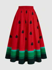 Sweetra Plus Size Colorblock All-Over Print Elastic Waist Casual Fashionable Skirt - Black - View 2