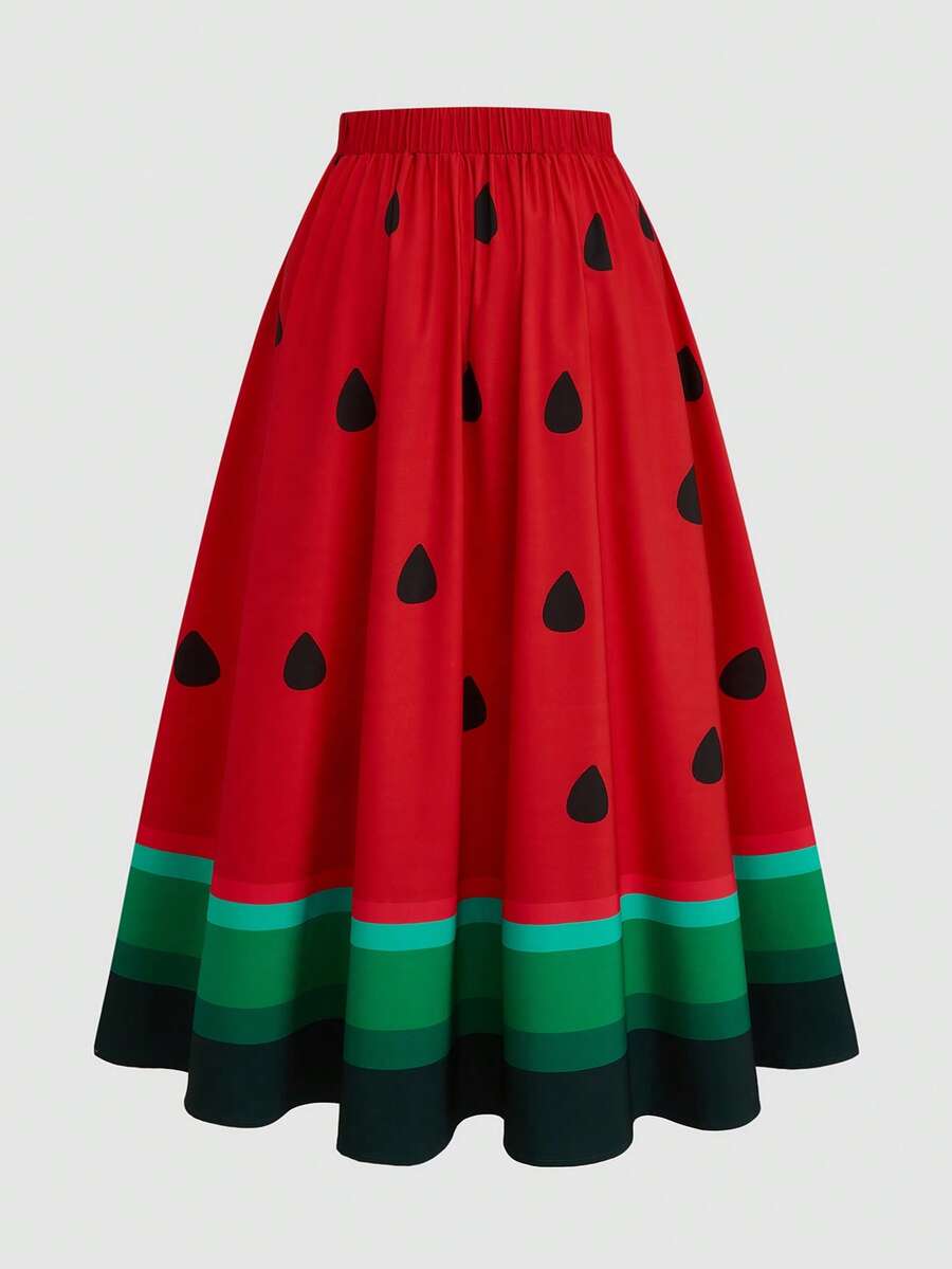 Sweetra Plus Size Colorblock All-Over Print Elastic Waist Casual Fashionable Skirt - Black - View 1