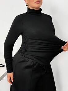 Truni Plus Size Solid Color Turtleneck T-Shirt And Pants 2 Pieces Set, Casual For Autumn/Winter/Autumn /Winter - Black - View 9