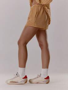 MUSERA Quần short cạp chun, buộc dây phía trước, dáng rộng, chất liệu mềm mại, kẻ sọc, chỉ có ở mùa thu, ấm áp, dễ thương, thường ngày, thích hợp cho quán cà phê, câu lạc bộ, thanh lịch, mùa xuân và hè. - Màu vàng - Xem 4