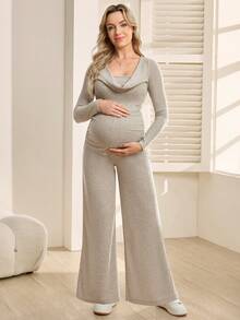 SHEIN Maternity Solid Rib-Knit Long Sleeve Casual 2 Pieces Set, Textured Fabric - Brown - View 1