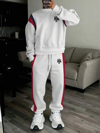  Aesthetic Post--Men's Casual Graphic & Striped Print Long Sleeve Pullover Pullover Sweatshirt And Pocket Sweatpants Sports Suit