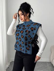 Elenzga 女士优雅豹纹系带无袖宽松针织背心，大码，适合秋冬季穿着 - 霧霾藍 - 查看 4