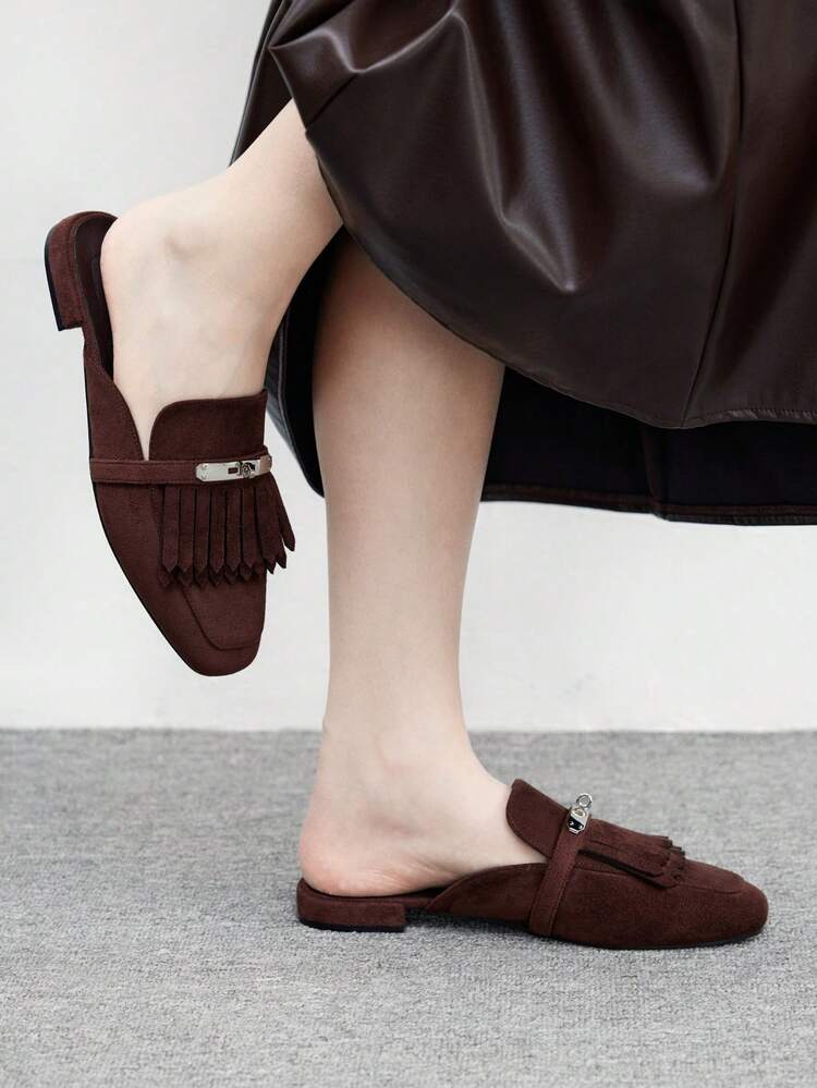 CUCCOO BIZCHIC Women's Square Toe Comfortable Casual Daily Versatile Tassel Metal Buckle Coffee Color Flat Loafers, Mules