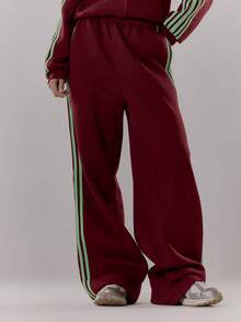 MUSERA Quần jogger ống rộng kẻ sọc bên hông, chỉ có phần dưới, kiểu dáng dễ thương, thích hợp cho mùa tựu trường, phong cách đường phố năng động, trang phục công sở, chạy bộ, thanh lịch. - Màu Đỏ Sâu - Xem 2