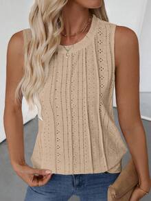 女士圆领无袖纹理休闲背心，春夏时尚 - 杏色 - 查看 4