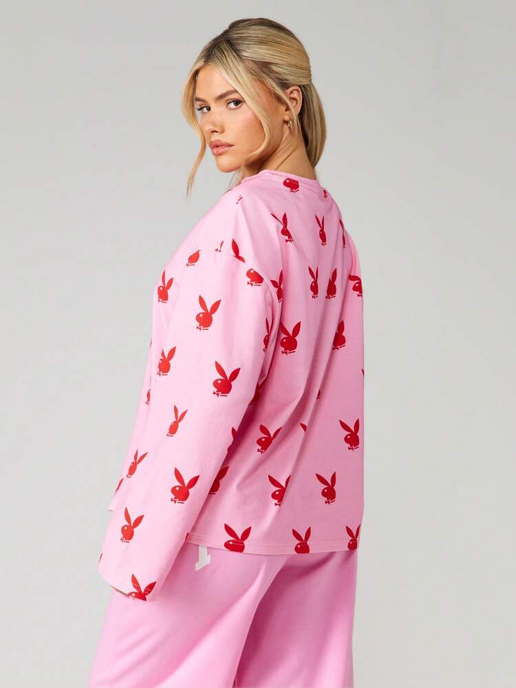 Missguided x Playboy Oversized Long Sleeve Bunny Print Graphic Tee Crew Neck Casual Cotton Top Loungewear