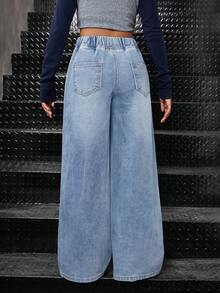 SHEIN Celana Jeans Anak Perempuan Remaja dengan Pinggang Elastis, Saku, Kasual, Serbaguna, dan Potongan Lebar untuk Bepergian - Light Wash - View 2