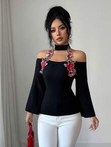 Elenzga Women's Elegant Round Neck Halter Open Shoulder Black T-Shirt With Red Flower And Green Leaf Lace Trim Flare Sleeves, Suitable For Spring, Summer, Autumn, Winter, Party, New Year, Thanksgiving, Wedding Season, Valentine's Day, Easter, Casual Wear - Black - View 4