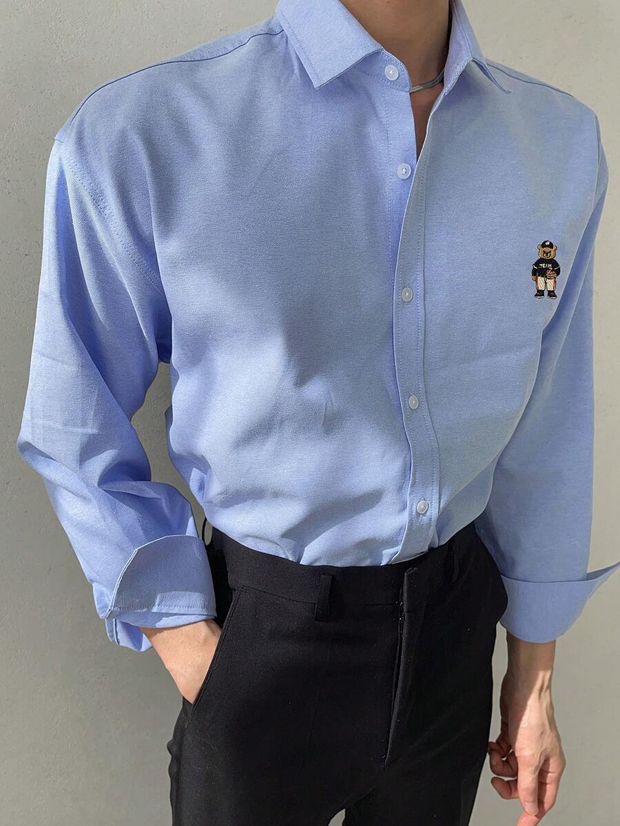 DAZY Spring Bear Embroidery Blue Men's Shirt - Blue - View 1