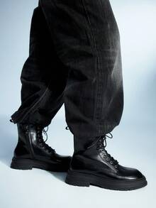 Botas de tobillo con cordones de moda y versátiles para mujer - Negro - Ver 11