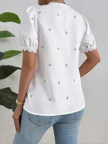 SHEIN LUNE Women's White Floral Lace Patchwork V-Neck Puff Sleeve Blouse, Spring/Summer - White - View 2