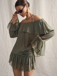 SHEIN ICON Vintage Sexy Off-Shoulder Chiffon Long Sleeve Top And Layered Cake Skirt 2-Piece Set For Women Golf Pastal Autumn - Dark Green - View 3