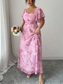 Modelyn Women's Chiffon Butterfly Printed Batwing Short Sleeve Pleated Sweet French Style Summer Dress - Pink - View 6