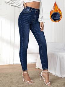 Selenza Mid-Rise Slim-Fit Casual Blue Denim Jeans With Thermal Lined - Dark Wash - View 5